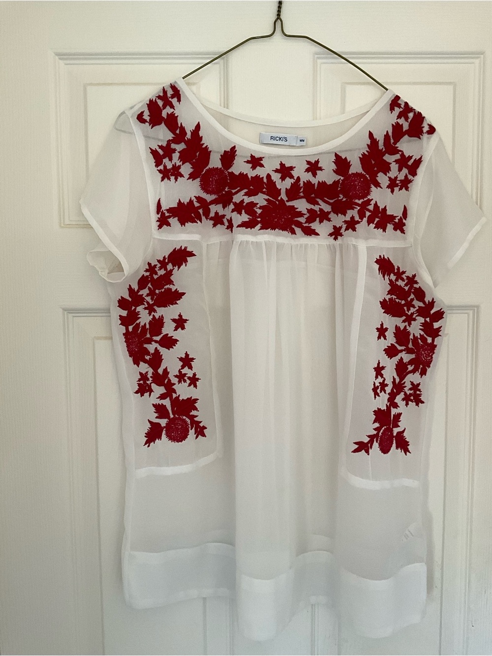 Ricki's White Sheer Blouse with Red Floral Embroidery Panels